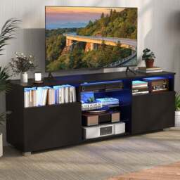 Costway 2 Door 6 Shelf Black TV Unit with LED - Size: 158 x 58 x 15cm - Wilko