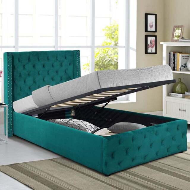 Comfy Living Single Green Winged Plush Velvet Fabric Gas Lift Ottoman Bed Frame - Wilko - image 1