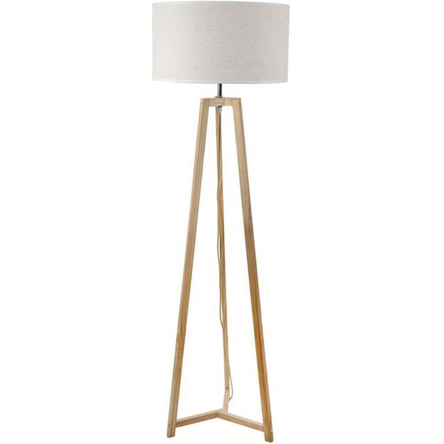 ValueLights Lottie White Edge Drum Shade Natural Wood Tripod LED Floor Lamp - Cream - Wilko - image 1