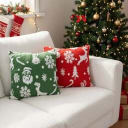 Living and Home Red and Green Plush Christmas Throw Pillow 45 x 45cm 2 Pack - Size: 13 x 45 x 45cm - Red + Green - Wilko - thumbnail 3