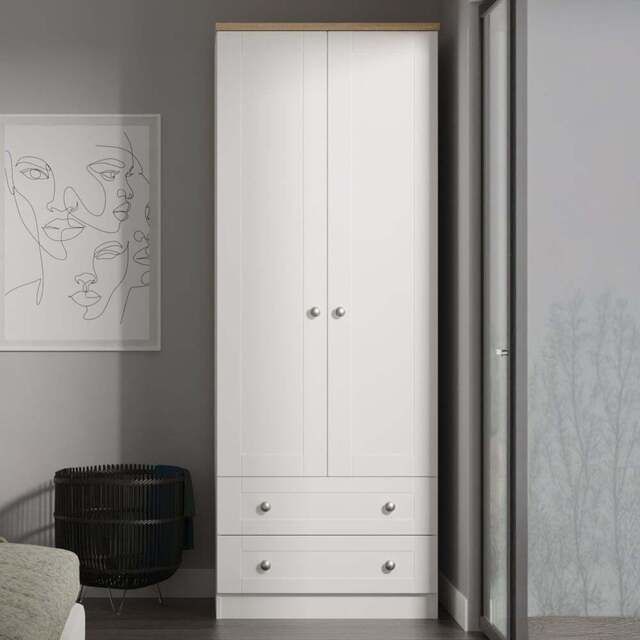 Crowndale Sussex 2 Door 2 Drawer White Ash and Bardolino Oak Tall Wardrobe Ready Assembled - White Ash & Bardolino Oak - Wilko - image 1