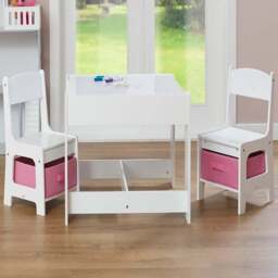 Liberty House Toys Kids White and Pink Table and 2 Chairs Set with Storage Bins - Size: 48 x 60 x 60cm - Wilko