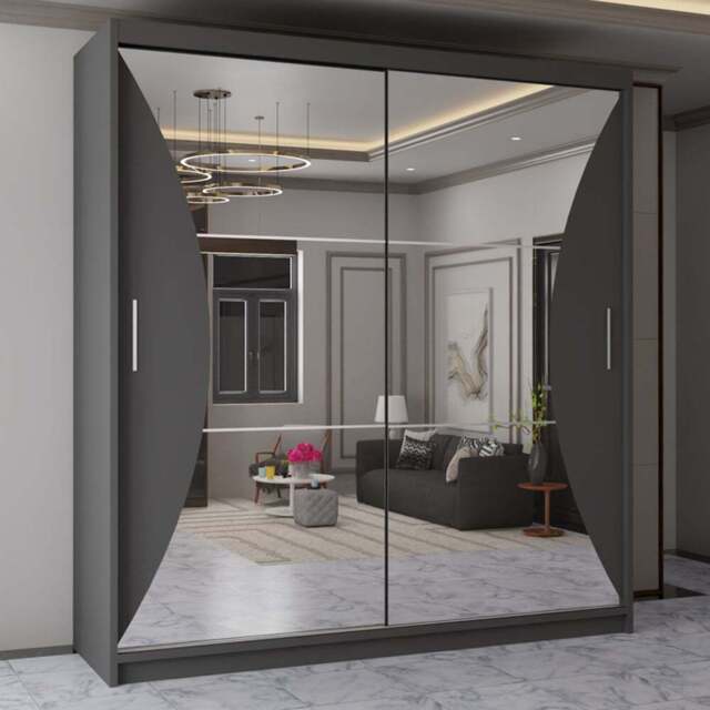 Sliding Wardrobes 4U California 2 Door Grey Wide Curved Mirrored Wardrobe 203cm - Wilko - image 1