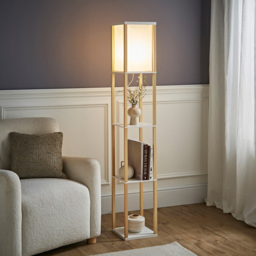 ValueLights Struttura 3 Shelf Fabric Shade Oak Shelving Unit Floor Lamp - Size: 159 x 26 x 26cm - Brown - Wilko - thumbnail 3