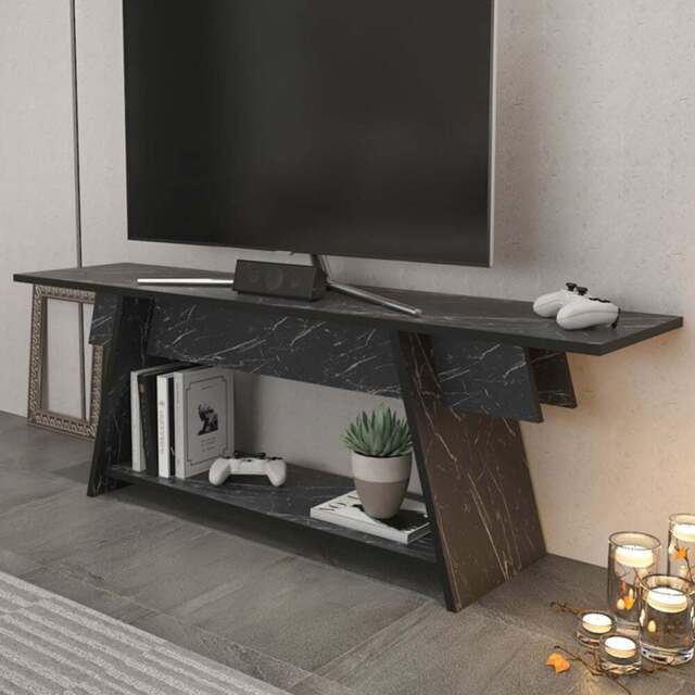 Decorotika Lanca Single Shelf Black Marble Effect TV Unit - Size: 50 x 120 x 35cm - Wilko - image 1