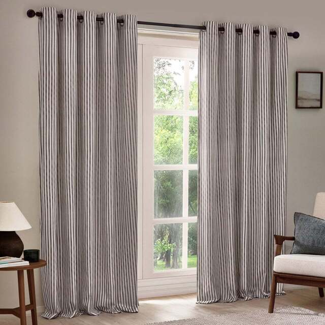 Yard Hebden Grey Striped Cotton Eyelet Curtains 229 x 229cm - Wilko - image 1