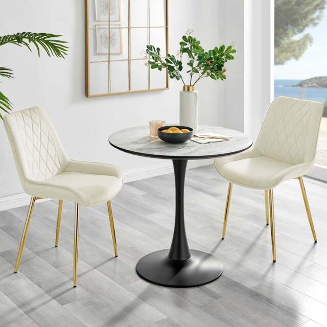 Furniturebox Elissa Cesano Marble Effect 2 Seater Round Dining Set White Cream and Gold - Wilko - image 1