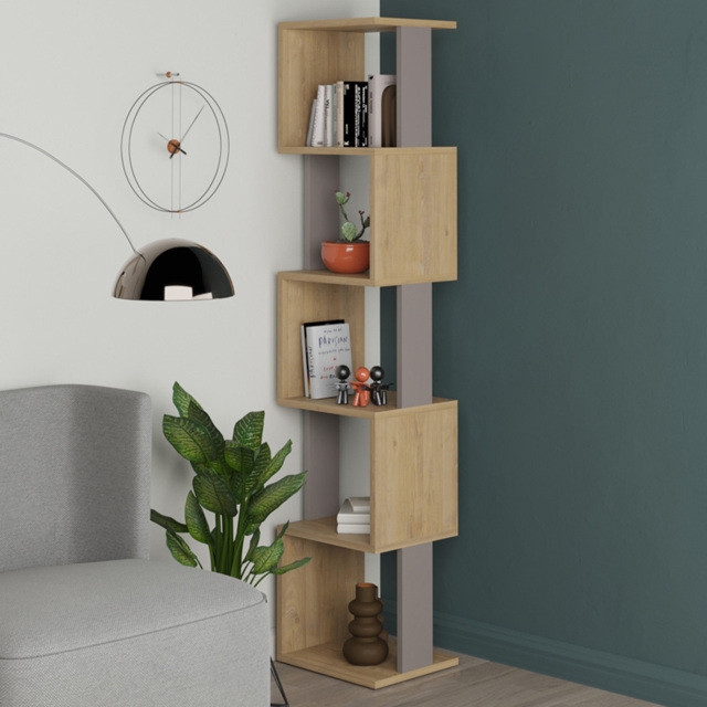 Decortie Piri 5 Shelf Oak and Mocha Grey Asymmetrical Bookcase - Multi - Wilko - image 1