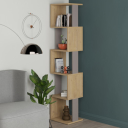 Decortie Piri 5 Shelf Oak and Mocha Grey Asymmetrical Bookcase - Multi - Wilko