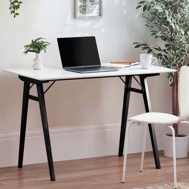 Furniturebox Dmitro Desk White Top Black Legs - Size: 60 x 120 x 75.5cm - Multi - Wilko