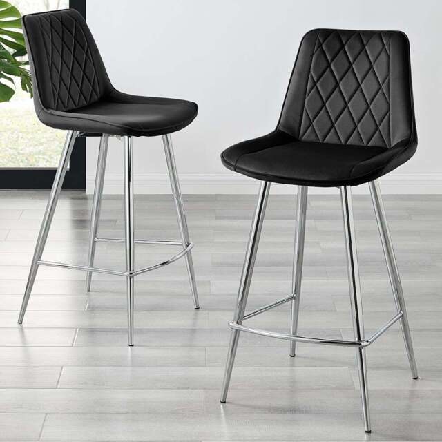 Furniturebox Cesano Black Velvet Silver Leg Counter Stools Set of 2 - Wilko - image 1