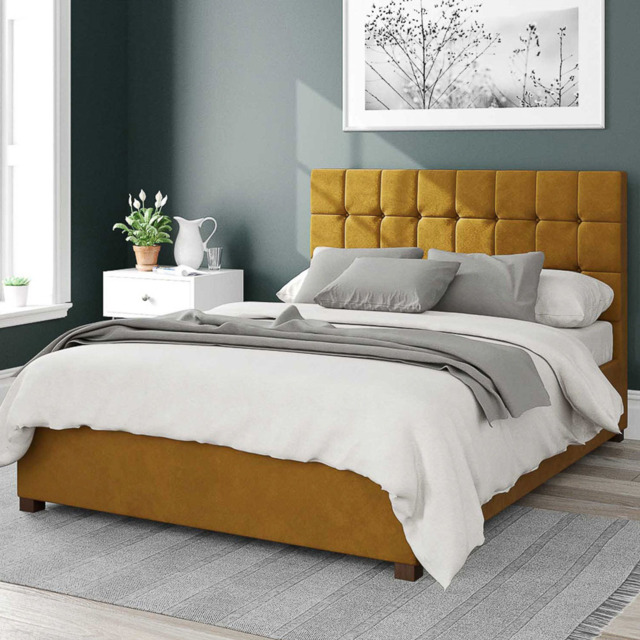 Aspire Sinatra Small Double Ochre Plush Velvet Ottoman Bed - Yellow - Aspire Beds - Wilko - image 1