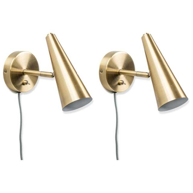 ValueLights Duke Brushed Brass Cone Plug-in LED Wall Light 2 Pack - Gold - Wilko - image 1
