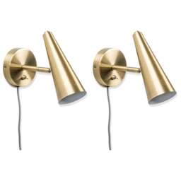 ValueLights Duke Brushed Brass Cone Plug-in LED Wall Light 2 Pack - Gold - Wilko - thumbnail 1