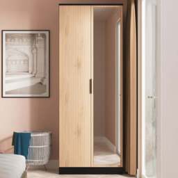 Crowndale Java 2 Door Slatt Effect and Black Tall Mirrored Wardrobe Ready Assembled - Slatt Effect & Black - Wilko