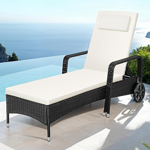 tectake Black and Beige 6 Level Adjustable Sun Lounger with Soft Pillow and Wheels - Size: 33 x 70 x 200cm - Wilko - image 1