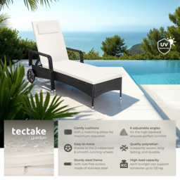 tectake Black and Beige 6 Level Adjustable Sun Lounger with Soft Pillow and Wheels - Size: 33 x 70 x 200cm - Wilko - thumbnail 3