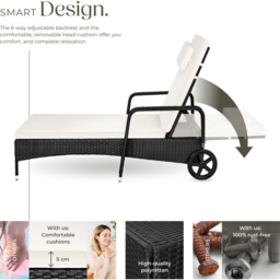 tectake Black and Beige 6 Level Adjustable Sun Lounger with Soft Pillow and Wheels - Size: 33 x 70 x 200cm - Wilko - thumbnail 6