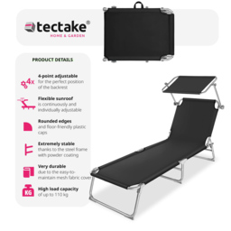 tectake Set of 2 Black 4 Step Backrest Foldable Sun Lounger - Size: 28 x 68 x 190cm - Wilko - thumbnail 6