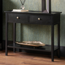 Pacific Lifestyle Chelmsford 2 Drawer Single Shelf Satin Black Pine Wood Console Table - Size: 75 x 90 x 33cm - Wilko