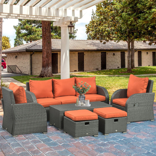 Outsunny 7 Seater Grey and Orange Rattan Sofa Lounge Set - Wilko - image 1