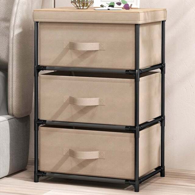 Costway 3 Drawer Coffee Fabric Nightstand with Removable Lid - Brown - Wilko - image 1