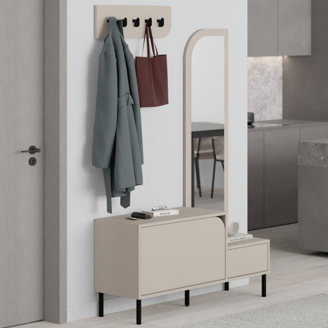 Decortie Mila 2 Door Sandstone Shoe Cabinet with Mirror and 5 Hook Hanger - Size: 172 x 112 x 37cm - Cream - Wilko - image 1