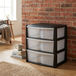 Black 3 Drawer Wide Storage Unit - Size: 59 x 67 x 39cm - Wilko - thumbnail 5