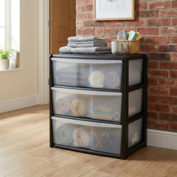 Black 3 Drawer Wide Storage Unit - Size: 59 x 67 x 39cm - Wilko - thumbnail 3