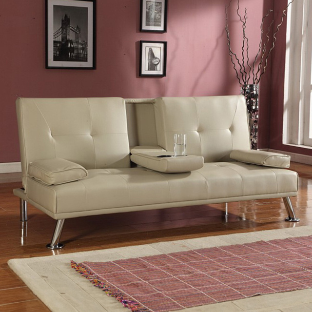 Brooklyn 2 Seater Cream Faux Leather Italian Sofa Bed with Cup Holder - Wilko - image 1