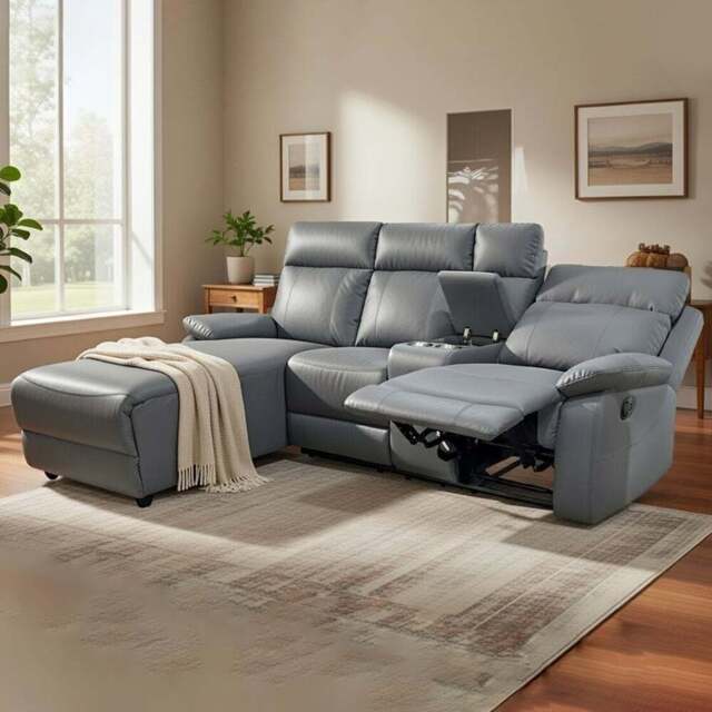DS Living Sorento 3 Seater Grey Leather Right Hand Chaise Corner Recliner Sofa - Wilko - image 1