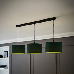 ValueLights Reni Dark Green Drum Shade 3 Drop Bar Matte Black Diner LED Ceiling Light - Size: 123.5 x 98 x 25cm - Wilko - thumbnail 3