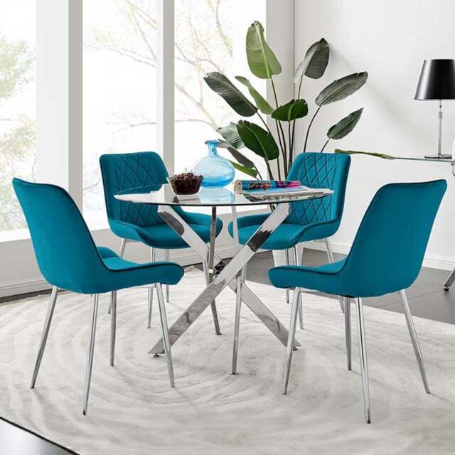 Furniturebox Arona Cesano 4 Seater Round Dining Set Blue and Chrome - Wilko - image 1