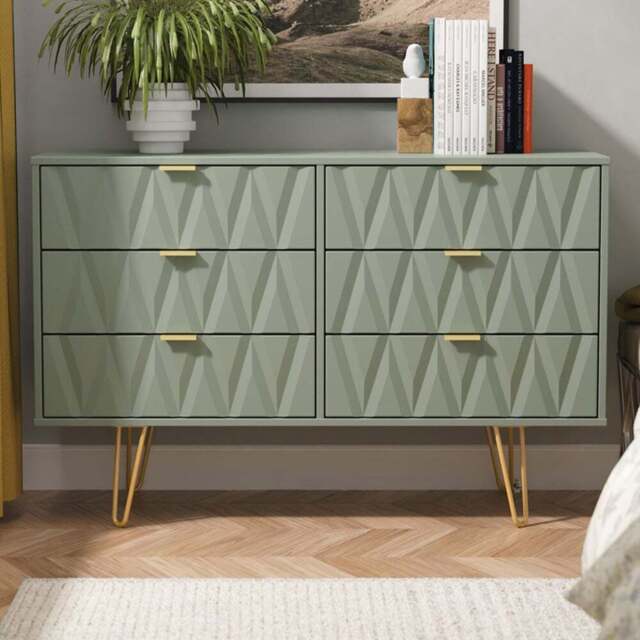 Crowndale Diamond 6 Drawer Reed Green Wide Chest of Drawers Ready Assembled - Wilko - image 1