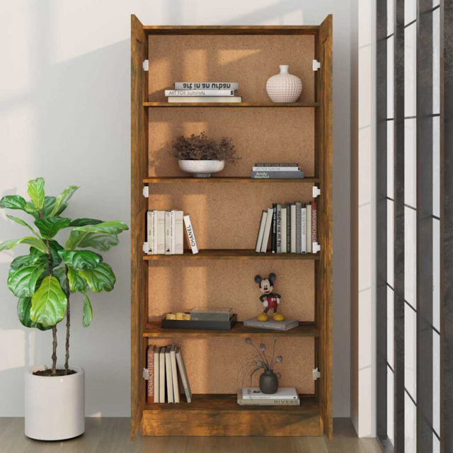 vidaXL 2 Door Smoked Oak Bookcase - Size: 185.5 x 82.5 x 30.5cm - Brown - Wilko - image 1