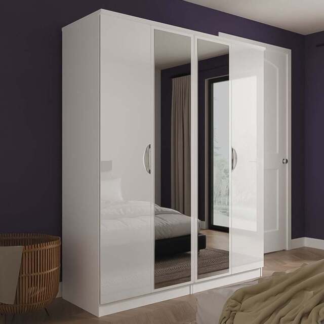 Crowndale Camden 4 Door Wardrobe White Gloss and White Mirrored Wardrobe Ready Assembled - White Gloss & White - Wilko - image 1