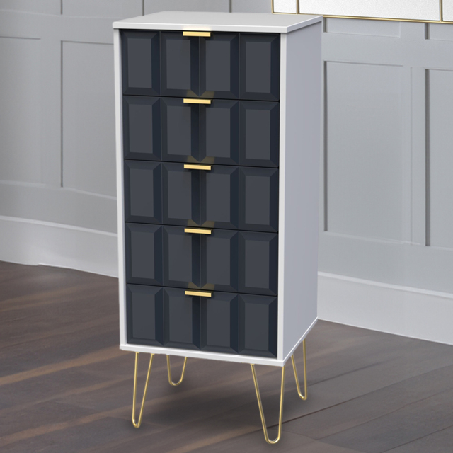 Crowndale Cube 5 Drawer Matt Indigo and White Narrow Chest of Drawers Ready Assembled - Blue - Wilko - image 1