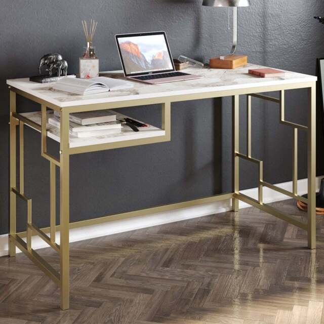 Decorotika Victory Single Shelf Wide Study Desk White Marble Effect and Gold - Size: 75 x 120 x 60cm - Multi - Wilko - image 1