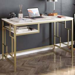 Decorotika Victory Single Shelf Wide Study Desk White Marble Effect and Gold - Size: 75 x 120 x 60cm - Multi - Wilko