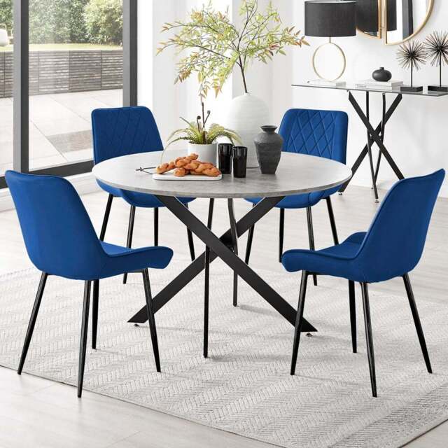 Furniturebox Arona Cesano 4 Seater Round Dining Set Grey Black and Navy - Blue - Wilko - image 1