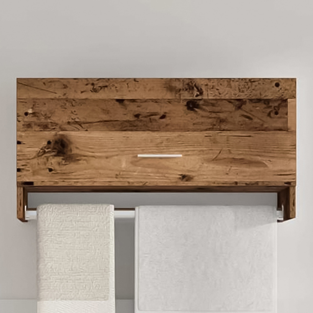 vidaXL Single Drawer Old Wood Wall-Mounted Bathroom Wardrobe with Towel Rail - Brown - Wilko - image 1