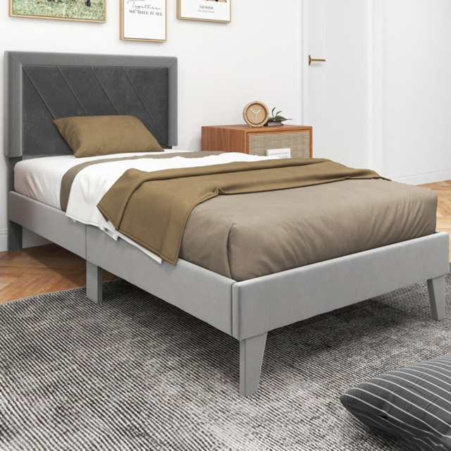 Costway Single Grey Upholstered High Headboard Bed Frame - Wilko - image 1