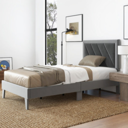 Costway Single Grey Upholstered High Headboard Bed Frame - Wilko - thumbnail 5