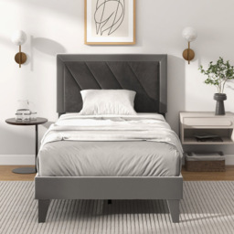 Costway Single Grey Upholstered High Headboard Bed Frame - Wilko - thumbnail 6