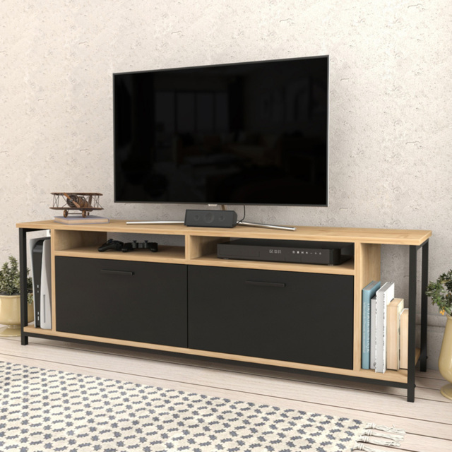Decorotika Omar 2 Door 4 Shelf Oak and Black TV Unit - Size: 50.8 x 160 x 35cm - Multi - Wilko - image 1