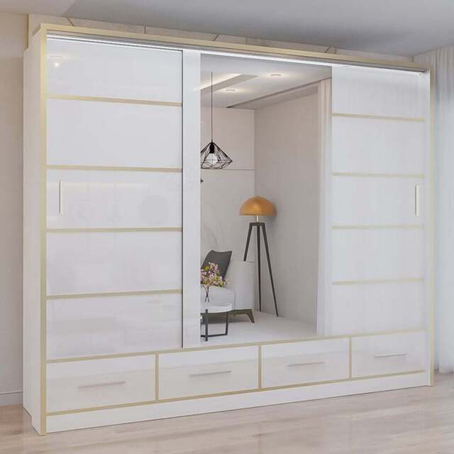 Sliding Wardrobes 4U 2 Sliding Door White Modern Wide High Gloss Mirrored Wardrobe 253cm - Size: 2 Door - Wilko - image 1