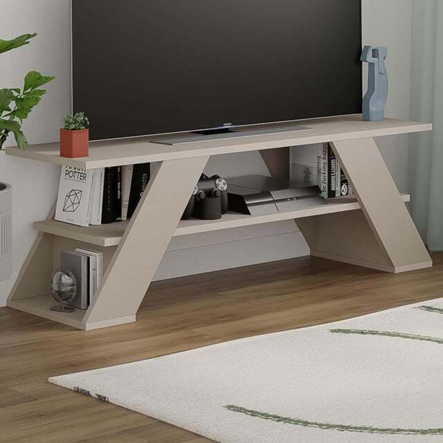 Decortie Farfalla Single Shelf Sandstone TV Unit - Size: 40 x 120 x 33.5cm - Cream - Wilko - image 1