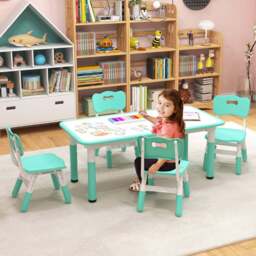 Costway Green 4 Seater Kids Table and Chair Set with Graffiti Desktop - Size: 120 x 60 x 60cm - Wilko