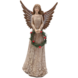 The Seasonal Gift Co. Angel with Wreath Standing Christmas Decoration - Size: 31 x 16 x 10cm - Brown - Wilko