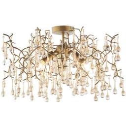 Merano Rimini Lustre Glass Aged Gold 3 Light Semi Flush Ceiling Pendant - Size: 55 x 55 x 30cm - Wilko